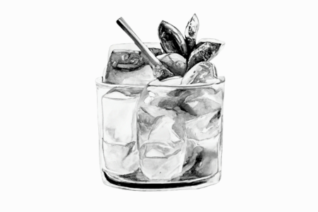 Illustration of a refreshing cocktail in a glass with ice, garnished with mint leaves and a stirrer.