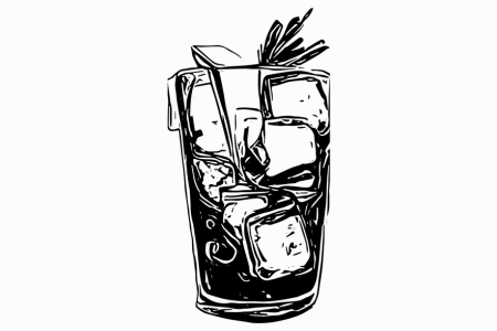 Illustration of a refreshing cocktail with ice cubes and a garnish on top.
