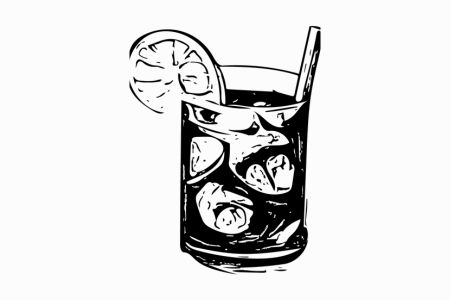 Illustration of a refreshing cocktail with ice and a lime slice, served in a glass.