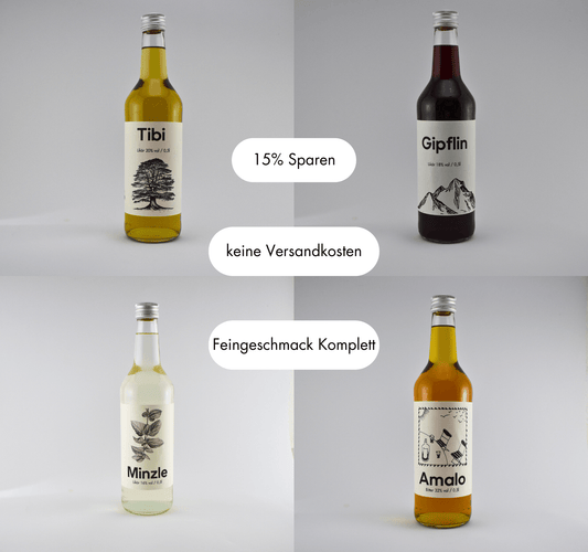 Feingeschmack Komplett bundle featuring Tibi, Gipflin, Minzle, and Amalo liquors, with 15% savings and no shipping costs.