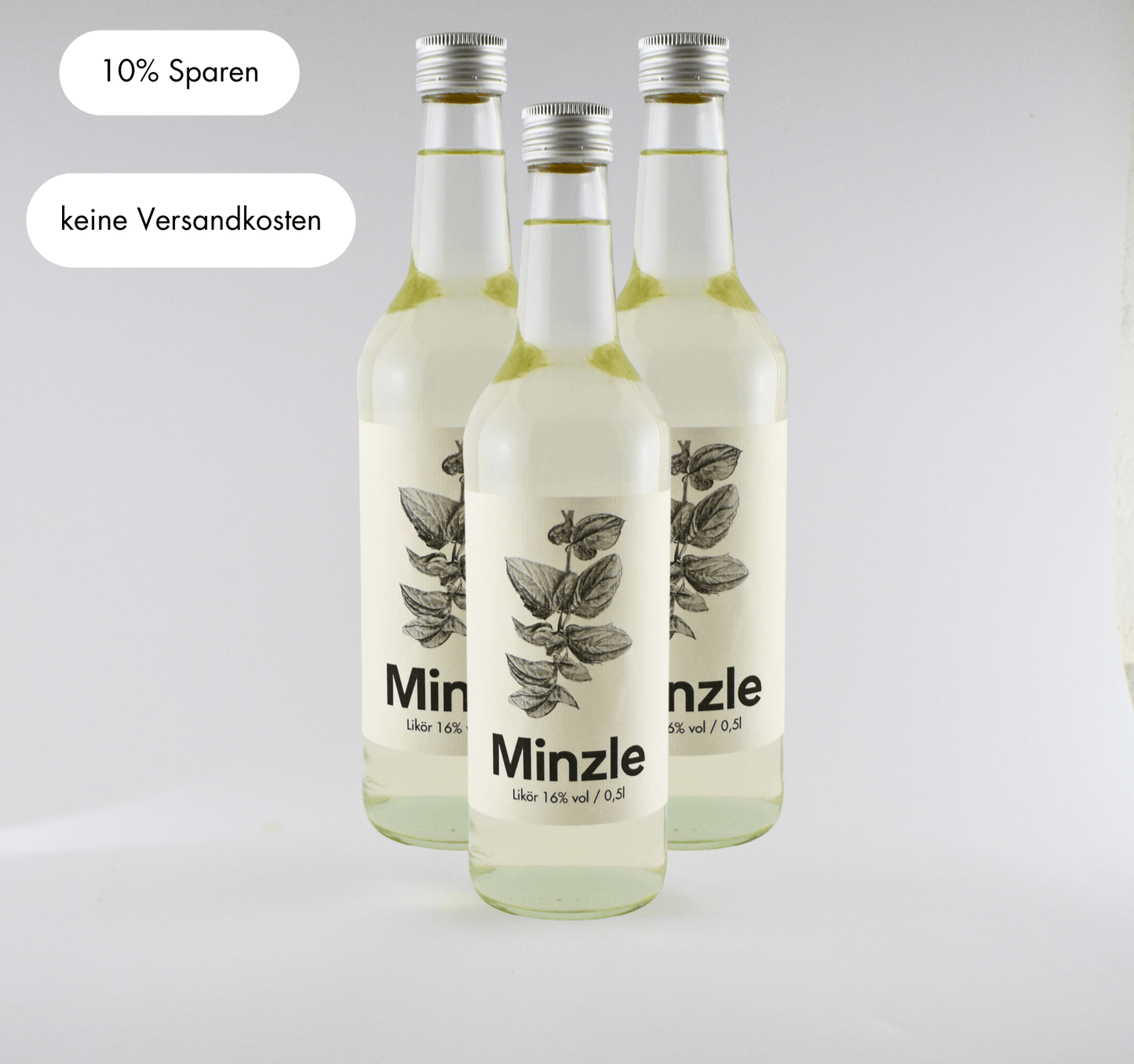 Set of three Minzle bottles with 16% alcohol, save 10% and no shipping costs, refreshing mint flavor.