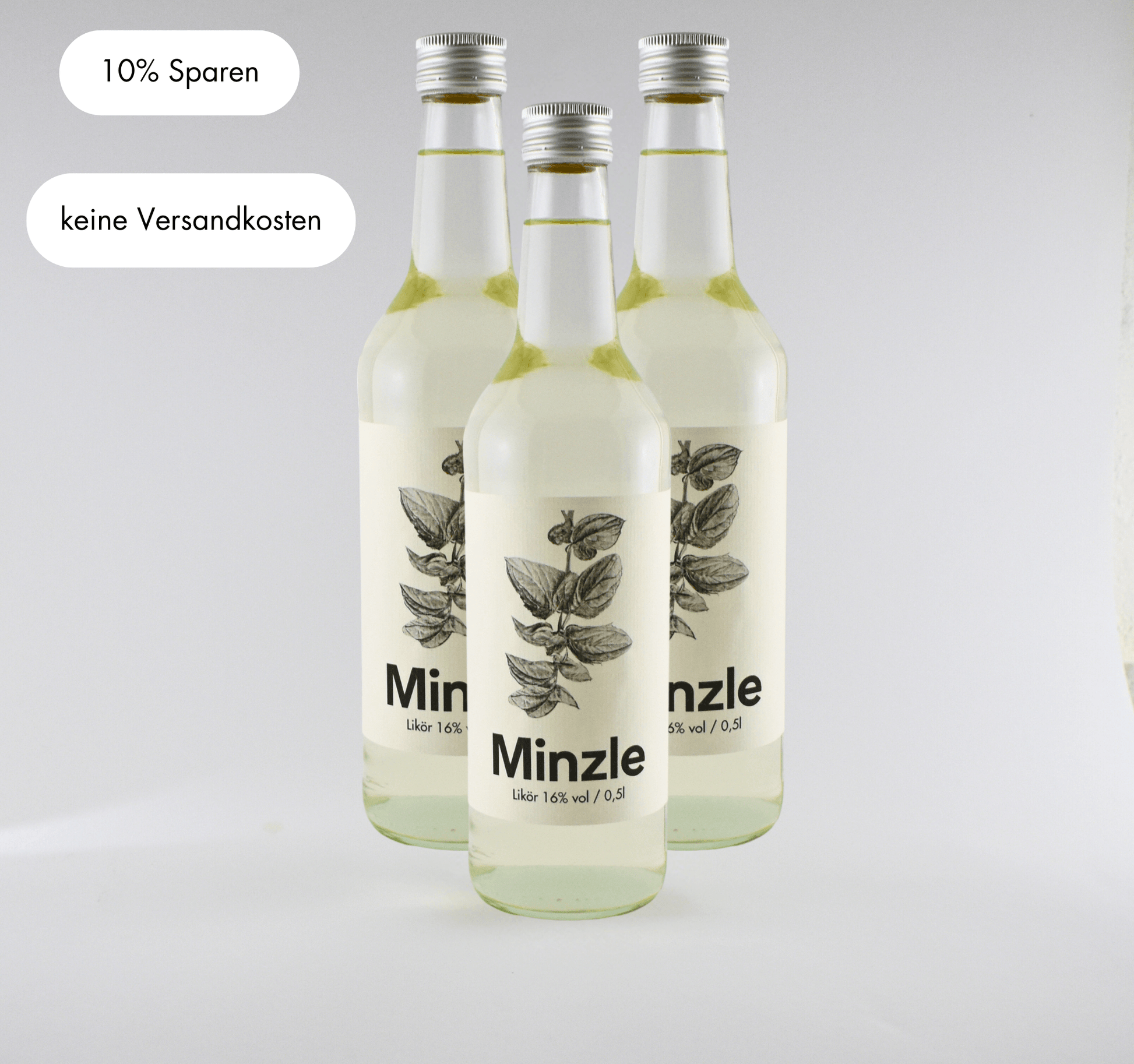 Set of three Minzle bottles with 16% alcohol, save 10% and no shipping costs, refreshing mint flavor.