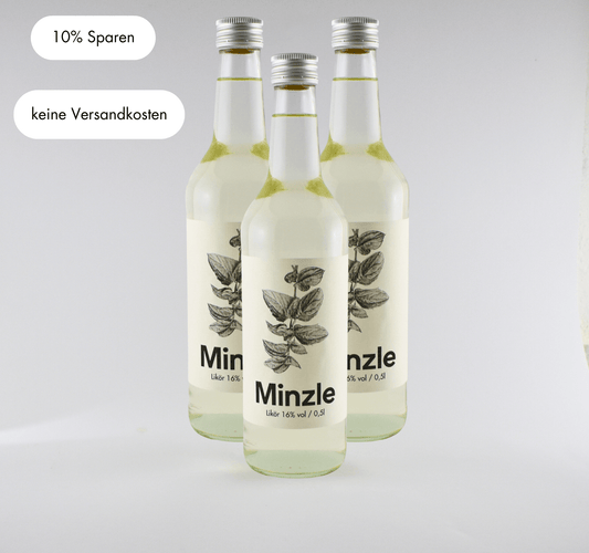Set of three Minzle bottles with 16% alcohol, save 10% and no shipping costs, refreshing mint flavor.